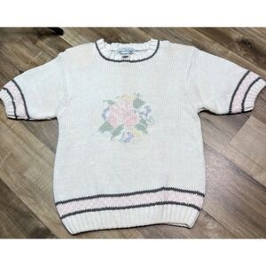 Vintage 90s Petite Illustrations Floral Knit Sweater Short Sleeve Cottagecore Cr